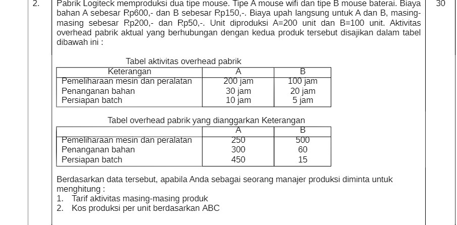 2. Pabrik Logiteck memproduksi dua tipe mouse.