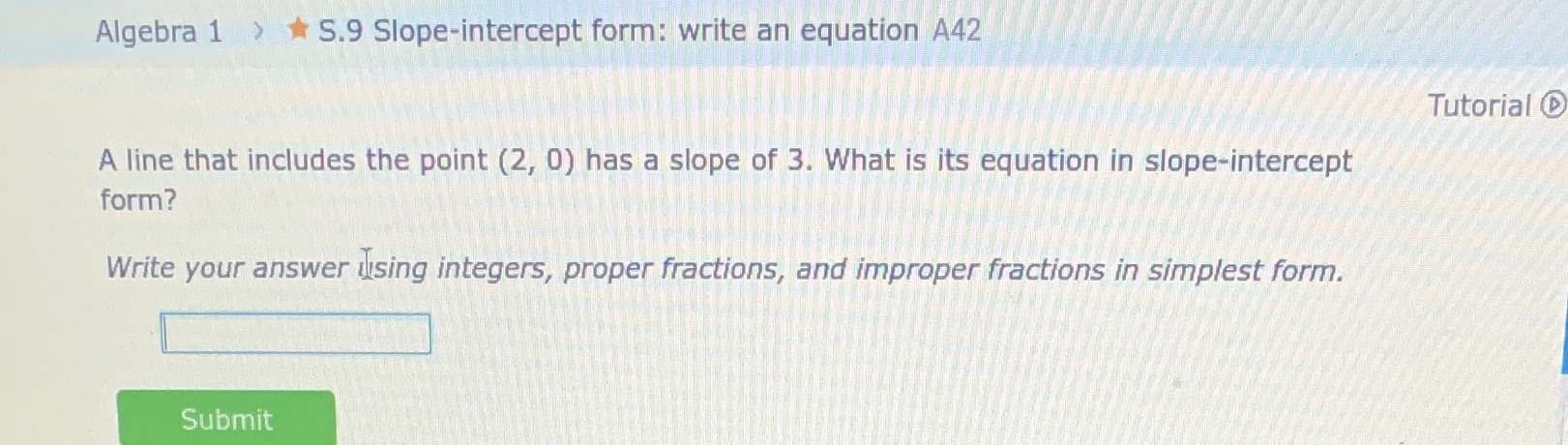 Algebra 1 > *S.9 Slope-intercept form: write an