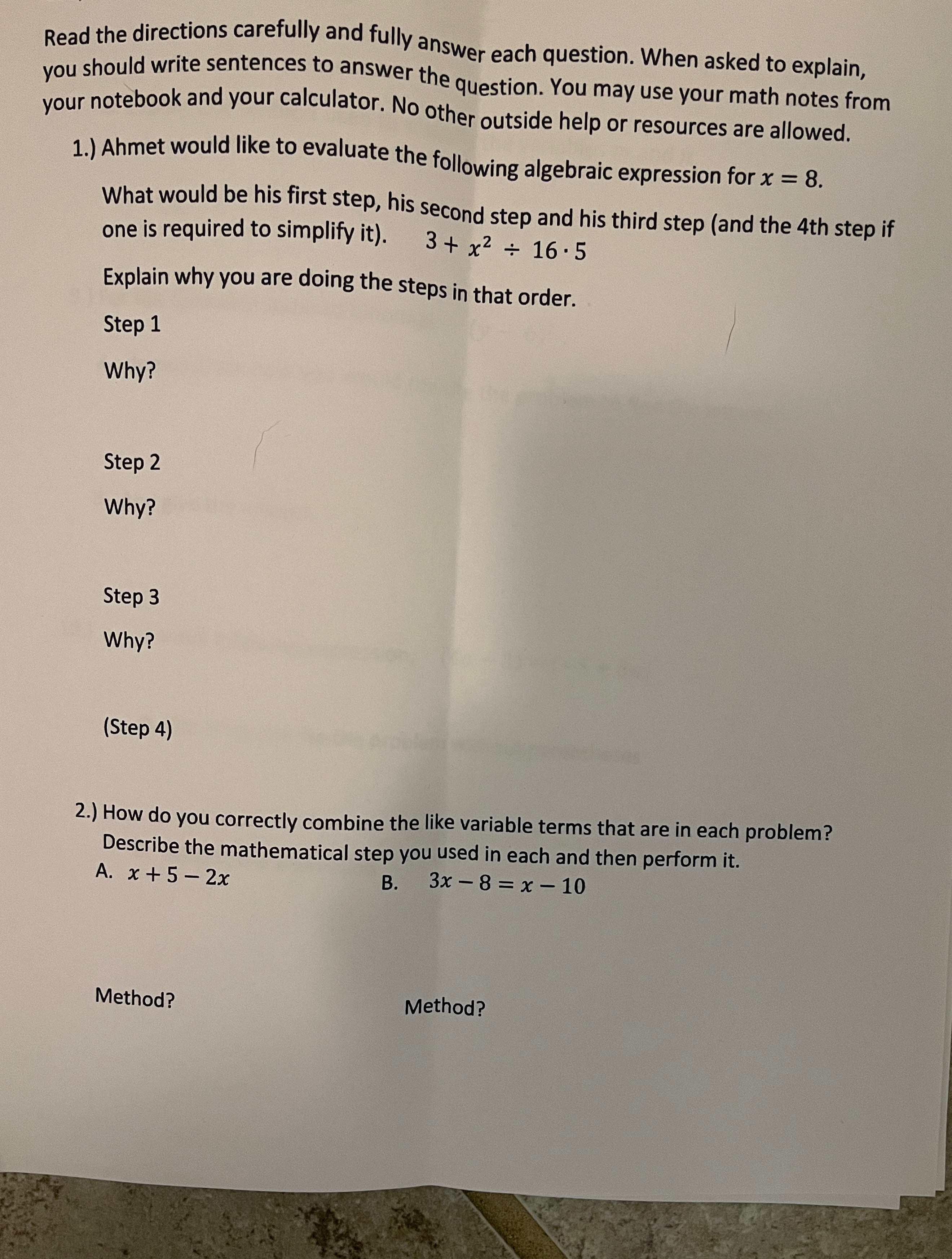 Read the directions carefully and fully answer