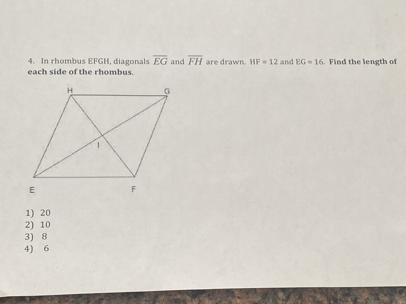 In rhombus EFGH, diagonals overline EG and