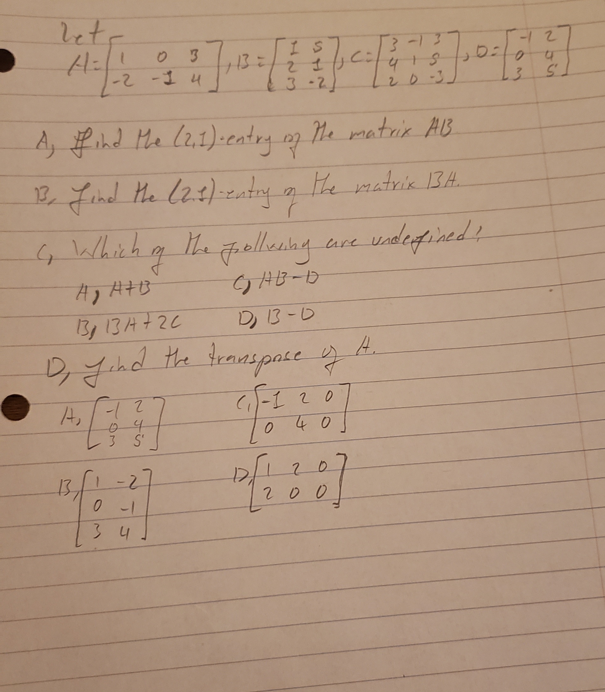 let A, find the ( 2,1 ) entry on the matrix AB3