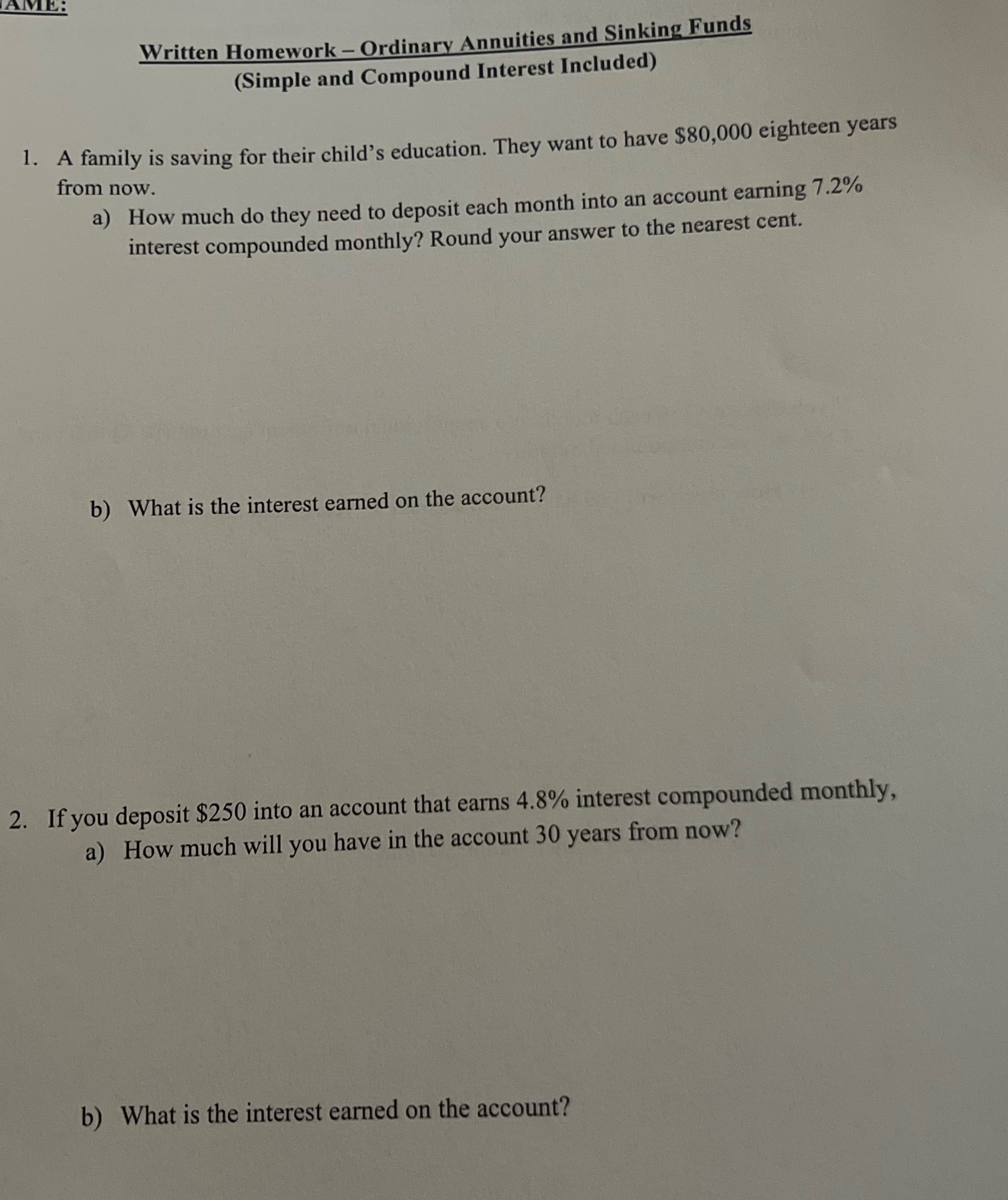 AME: Written Homework - Ordinary Annuities and