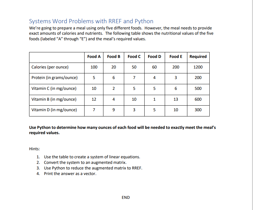 Systems Word Problems with RREF and Python