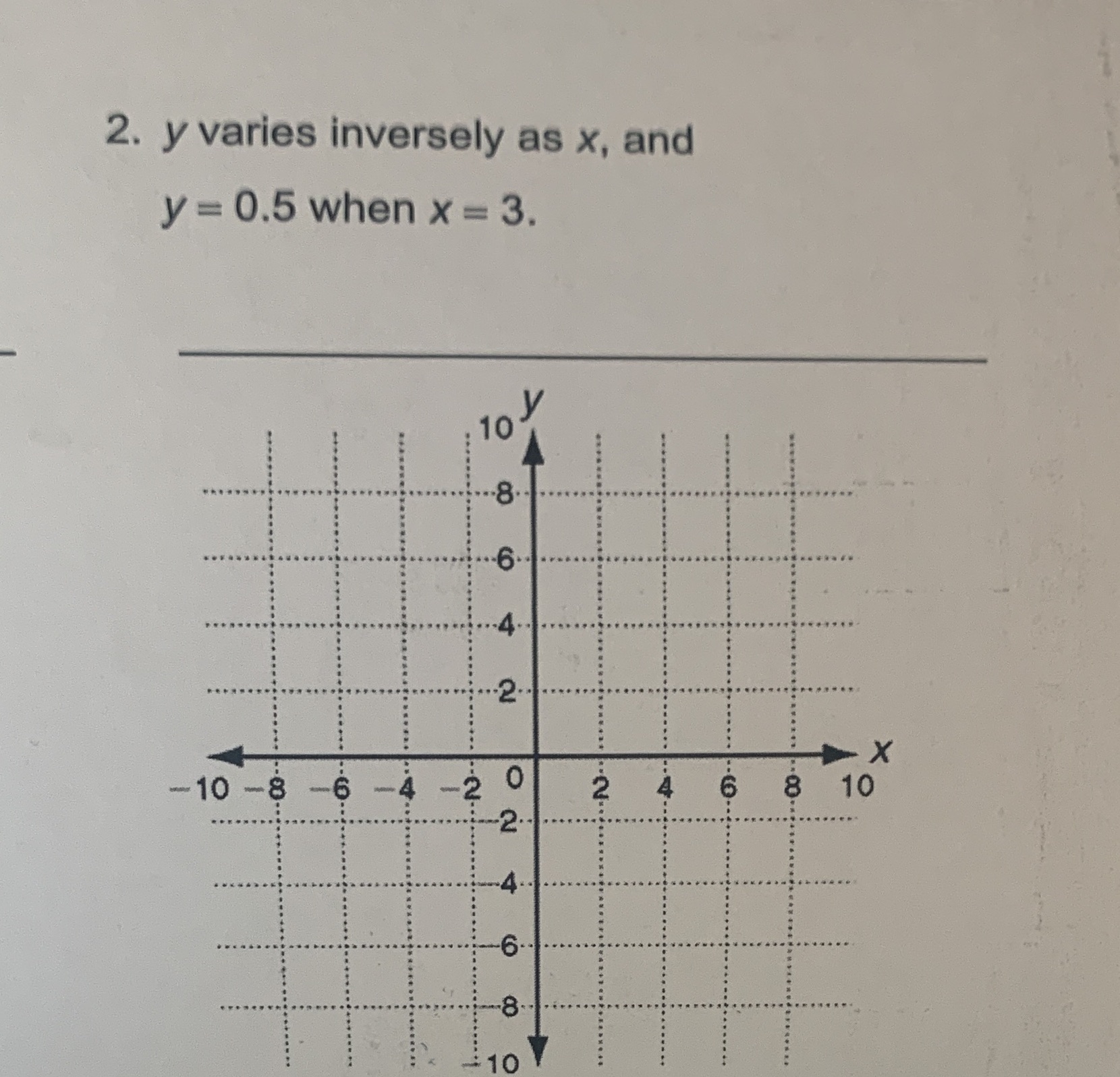 2. y varies inversely as x, and y = 0.5 when x =