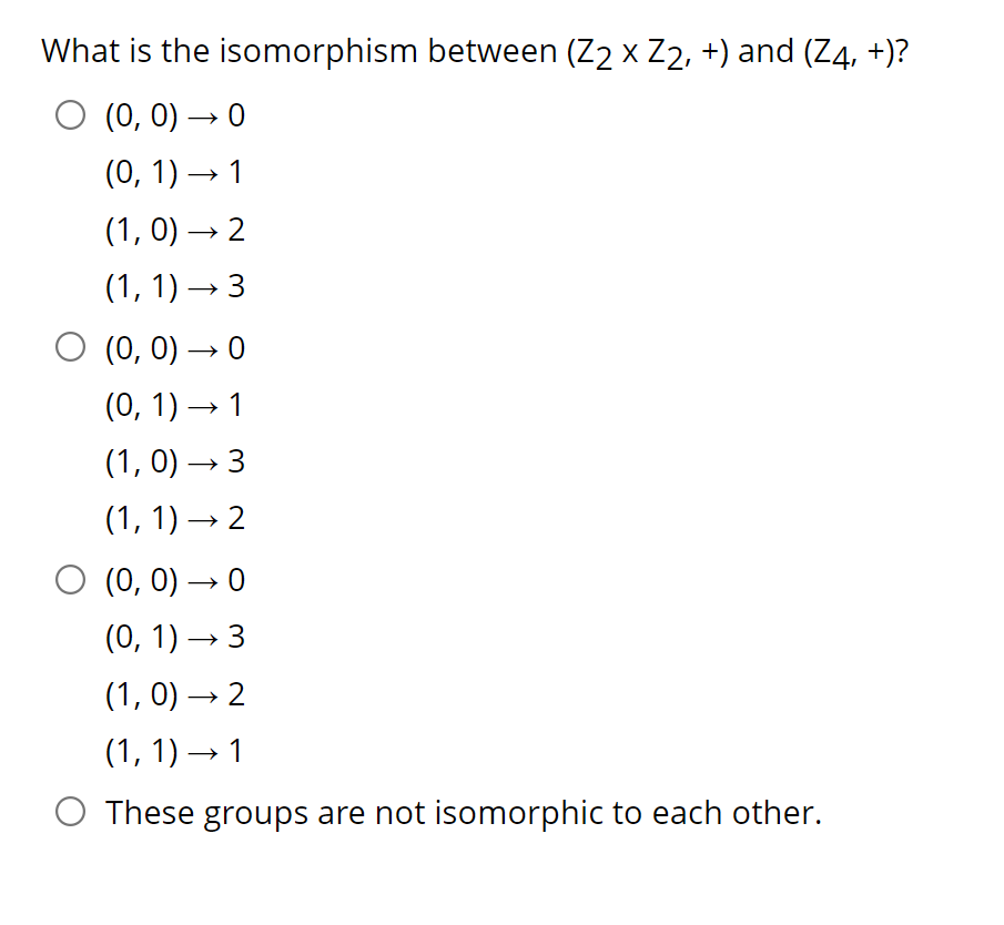 What is the isomorphism between (Z2 x Z2, +) and