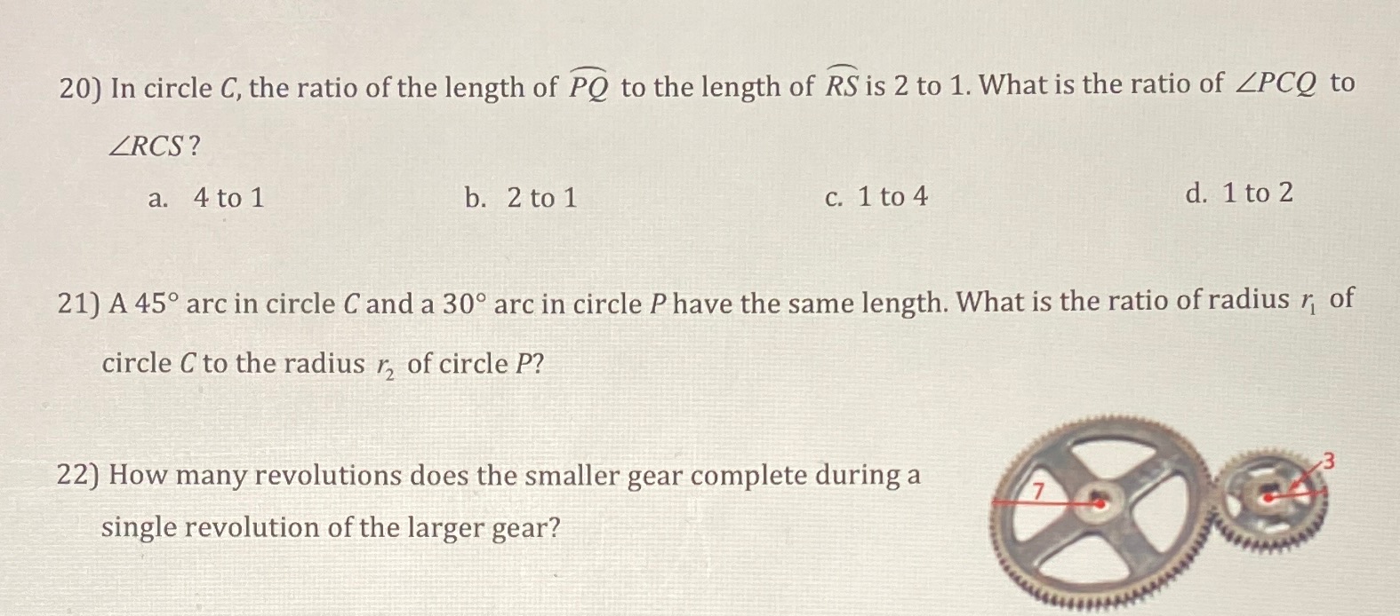 20) In circle C, the ratio of the length of PQ to
