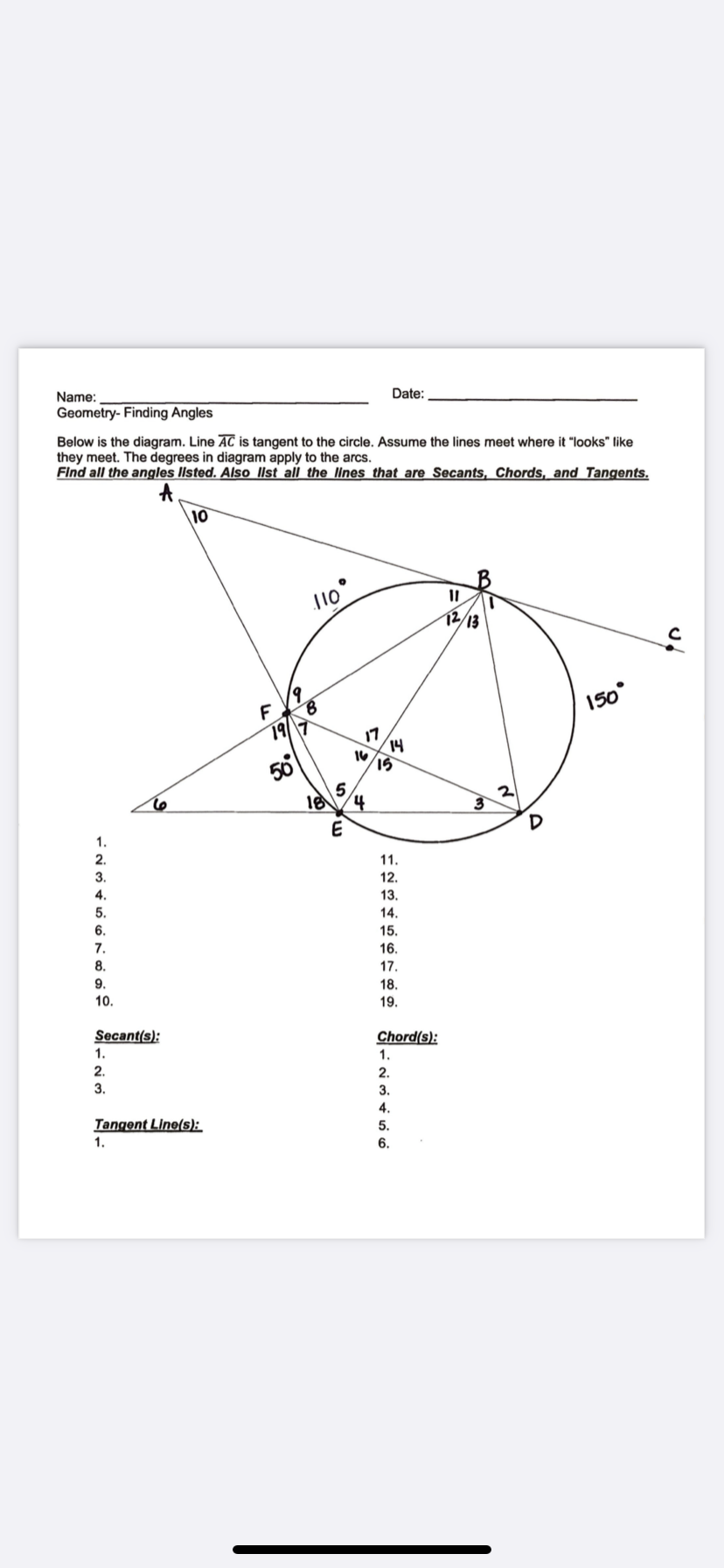 Date: Name: Geometry- Finding Angles Below is the
