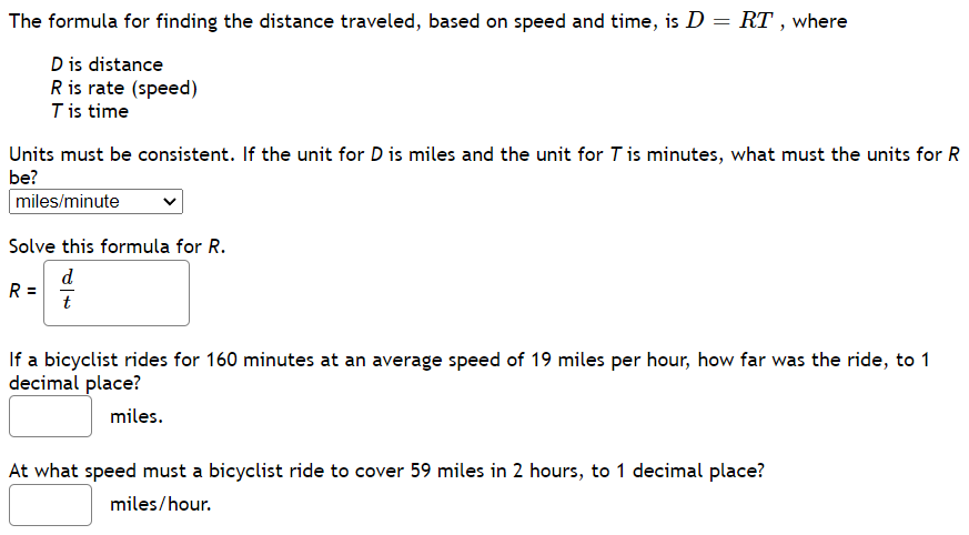 The formula for finding the distance traveled,