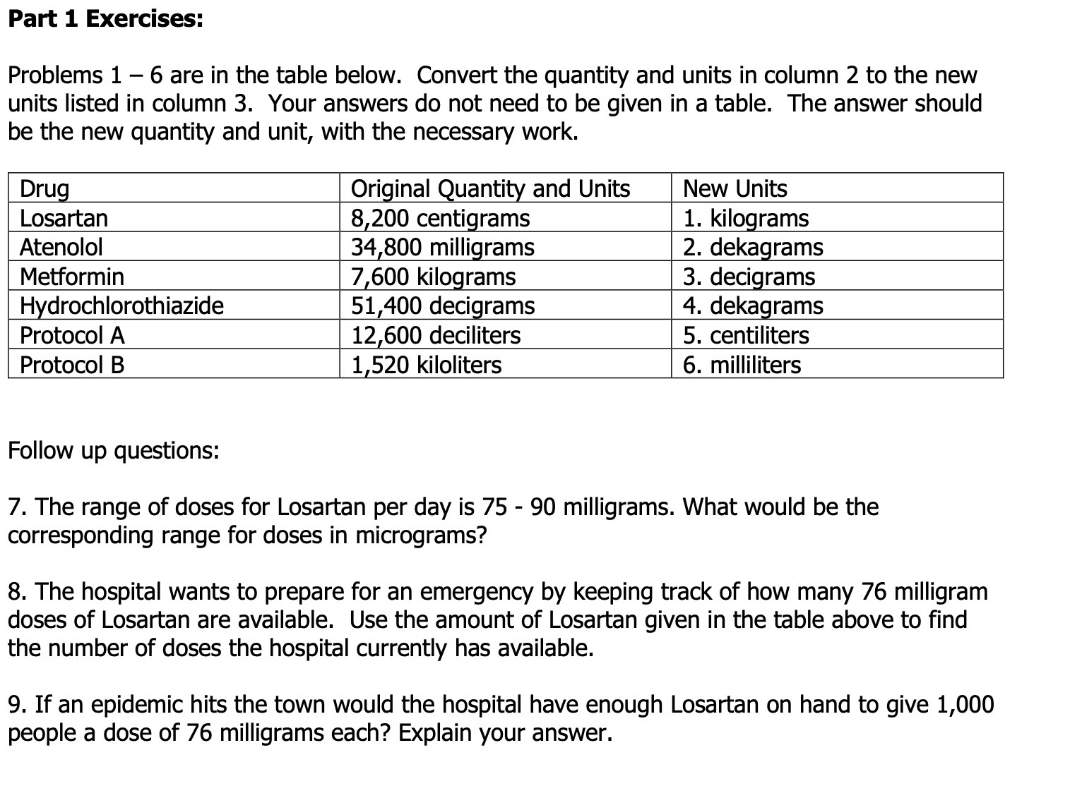 Part 1 Exercises: Problems 1 6 are in the table