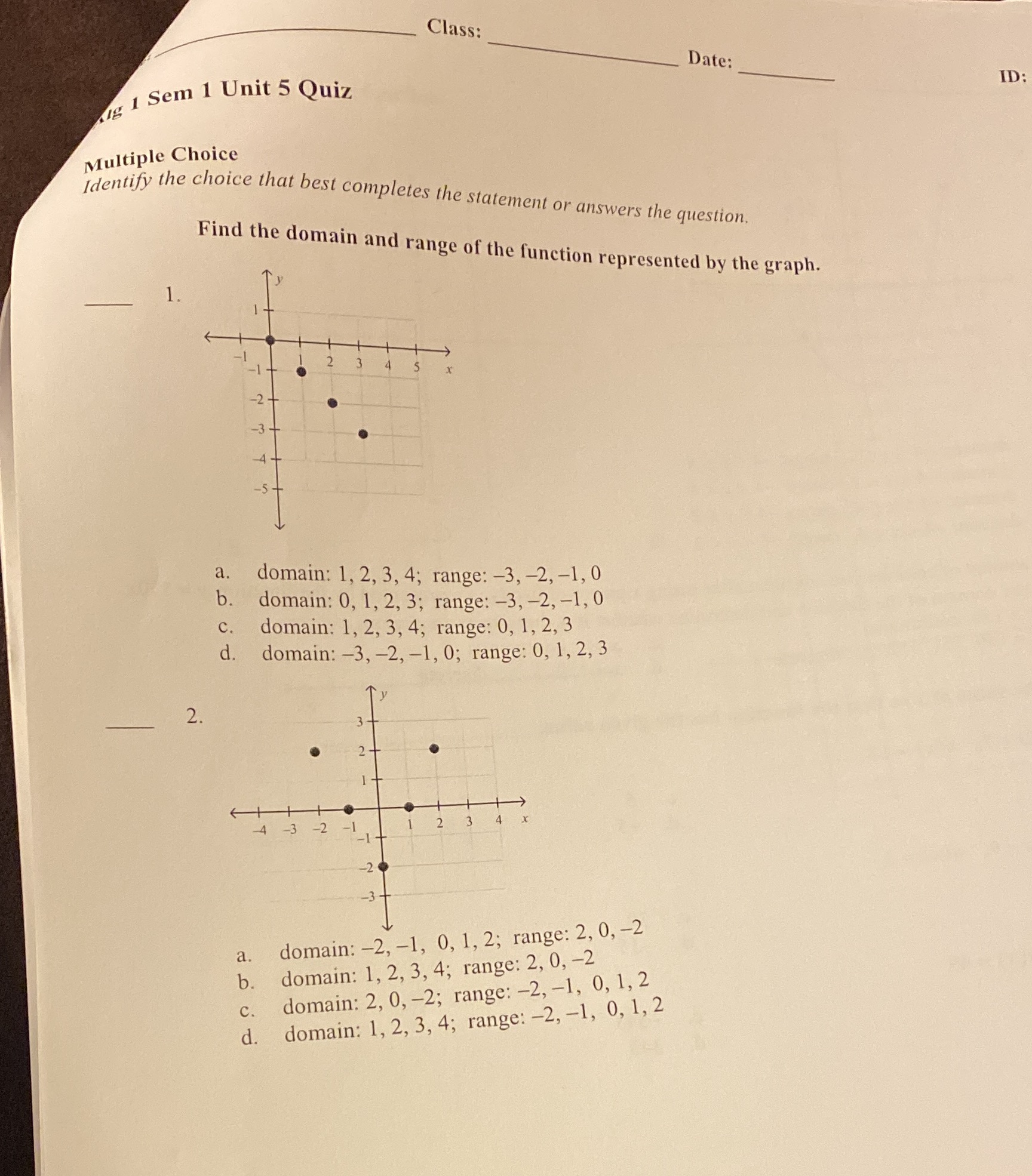 Class: Date: g 1 Sem 1 Unit 5 Quiz ID: Multiple