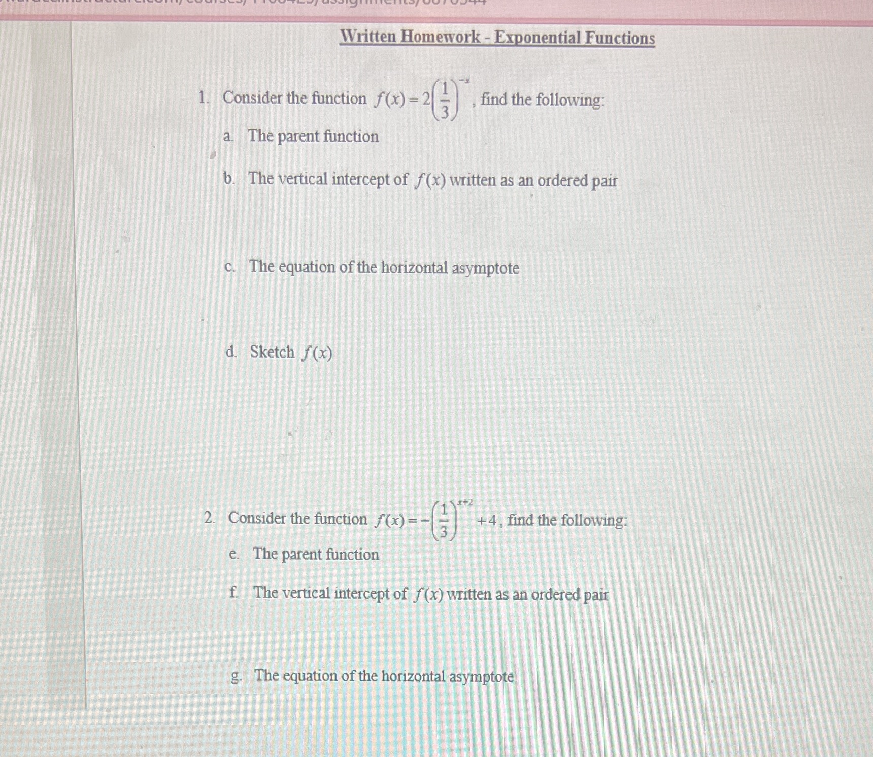 Written Homework - Exponential Functions 1.