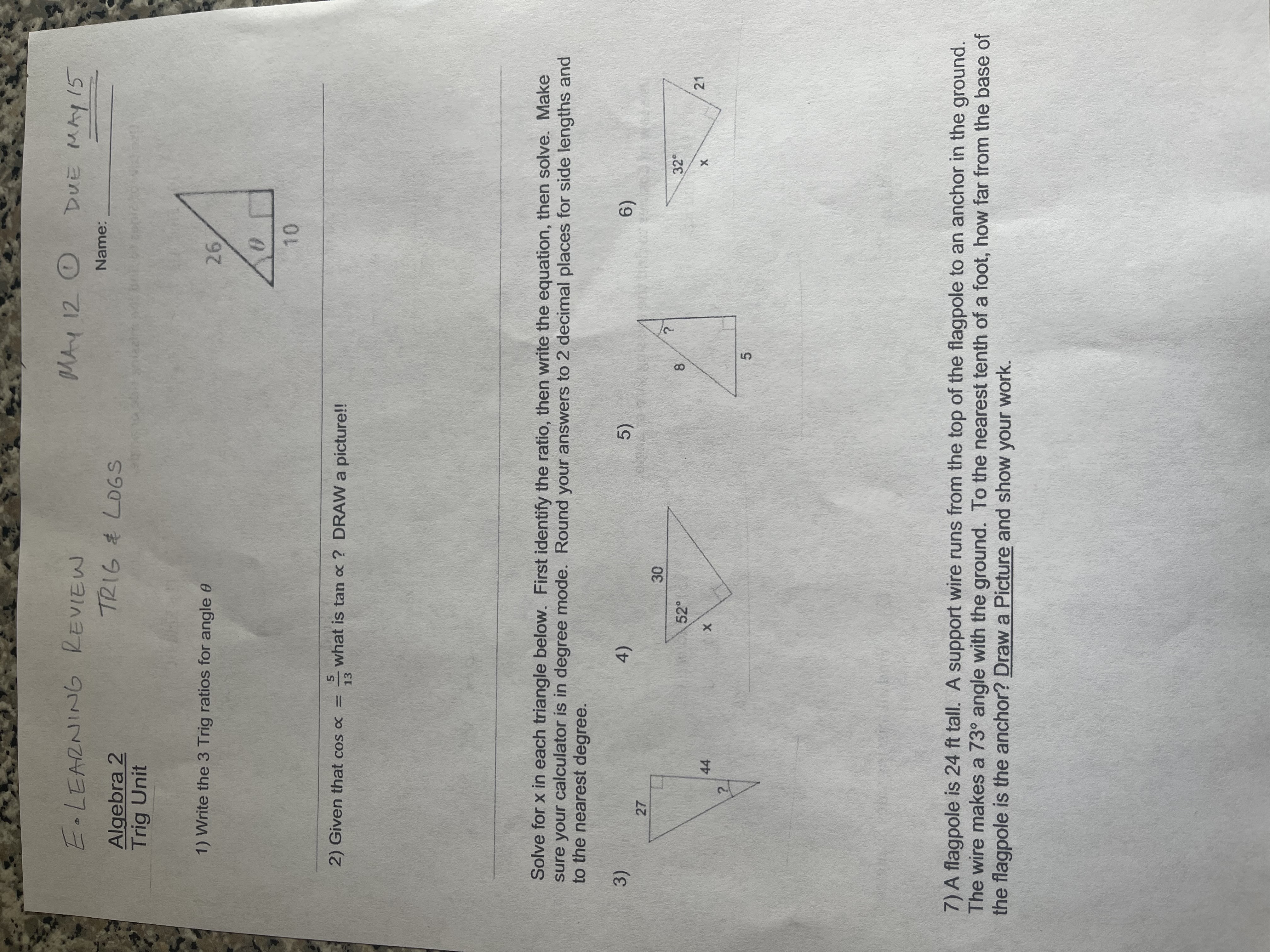 E. LEARNING REVIEW MAY 12 0 DUE MAY 15 TRIG *