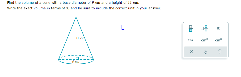 Find the volume of a cone with a base diameter of