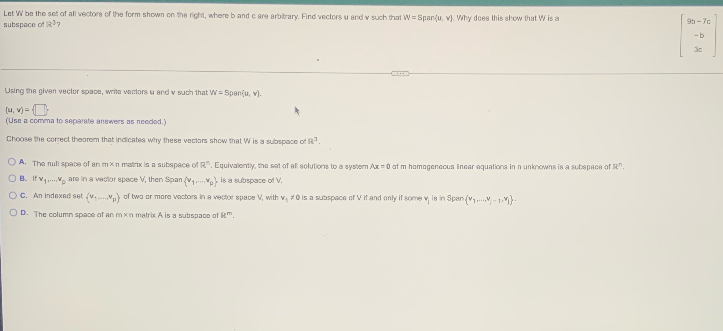 Let W be the set of all vectors of the form shown