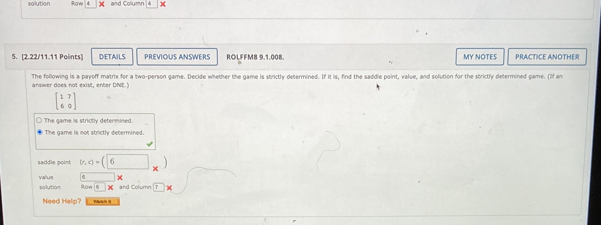Finite math matrix solution Row 4 X and Column 4