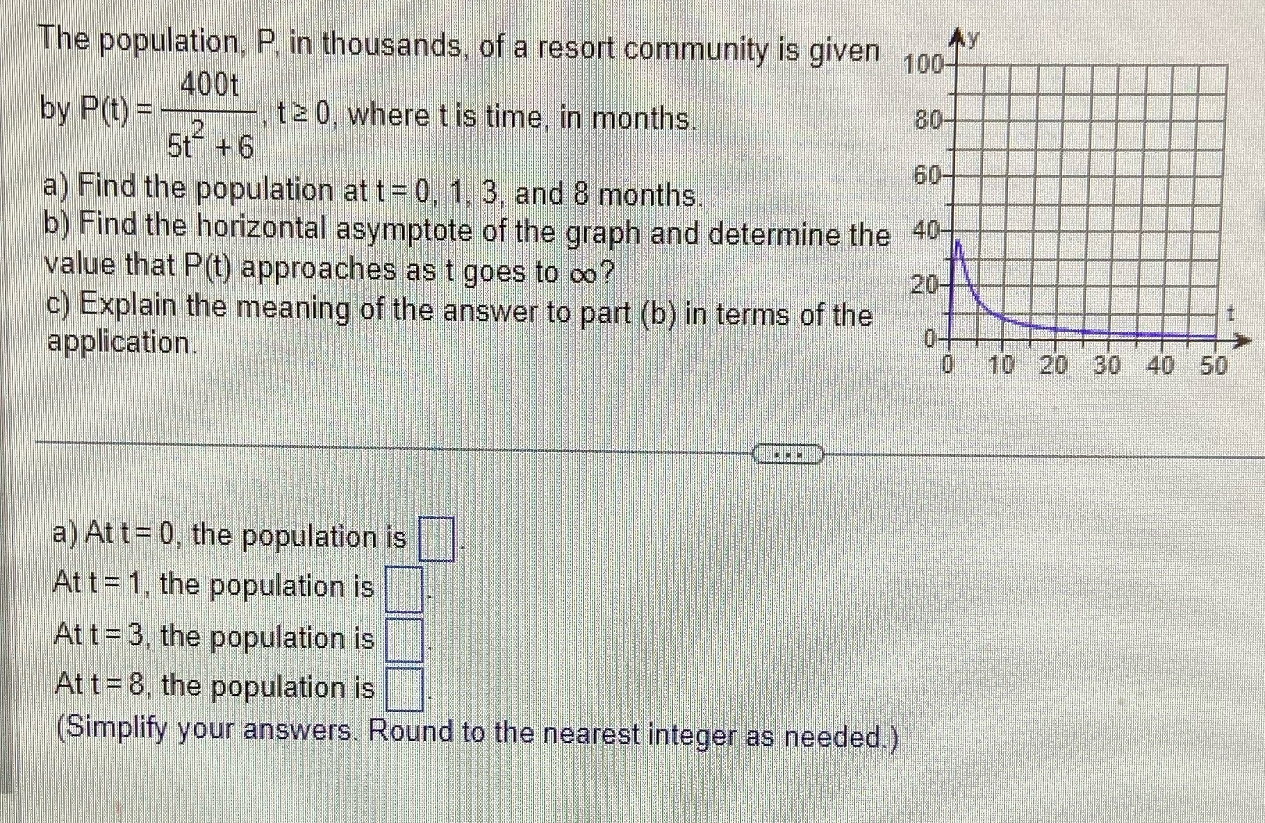 The population, P in thousands, of a resort