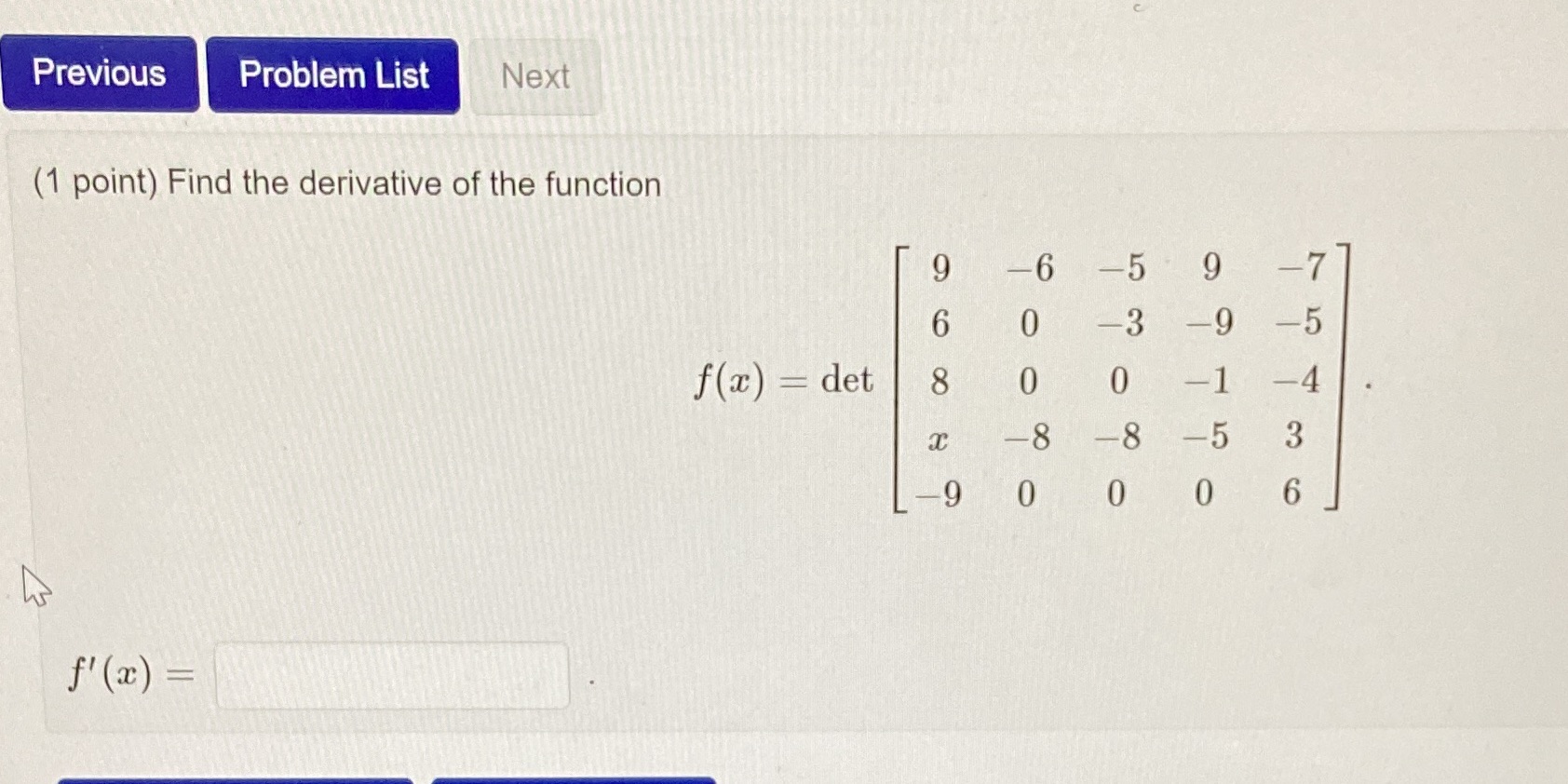 Previous Problem List Next (1 point) Find the