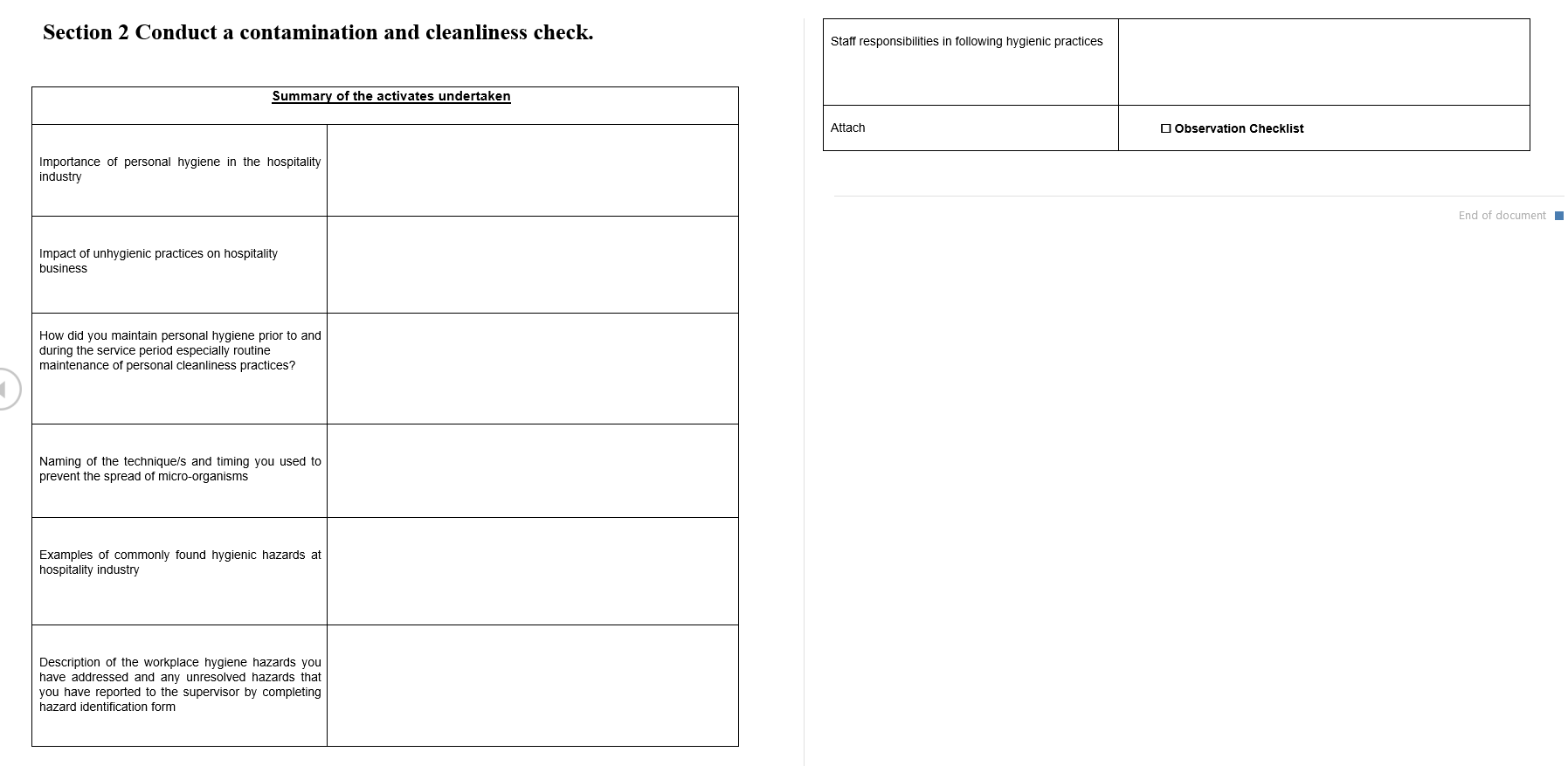 Section 2 Conduct a contamination and cleanliness