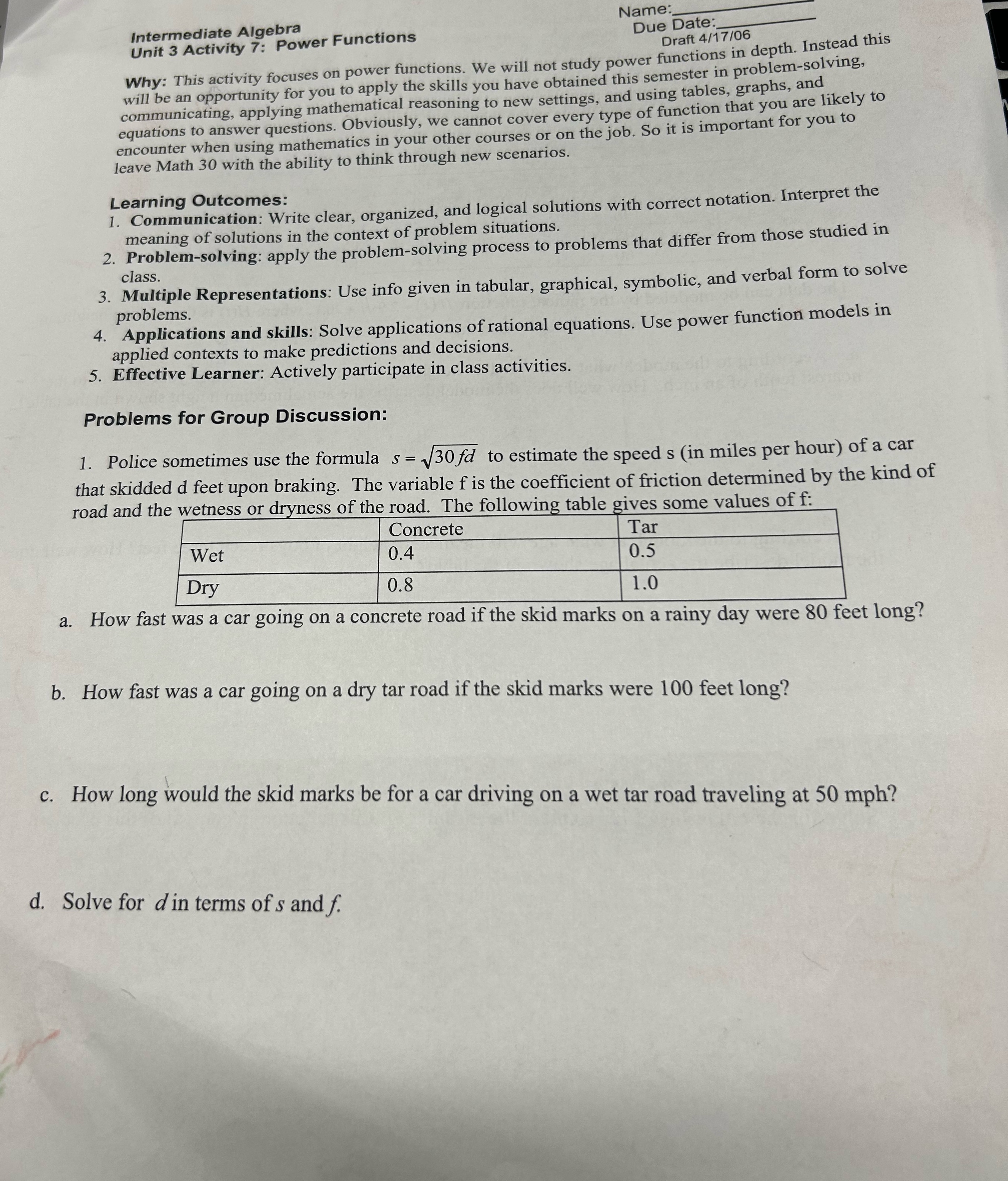 Name: Intermediate Algebra Unit 3 Activity 7: