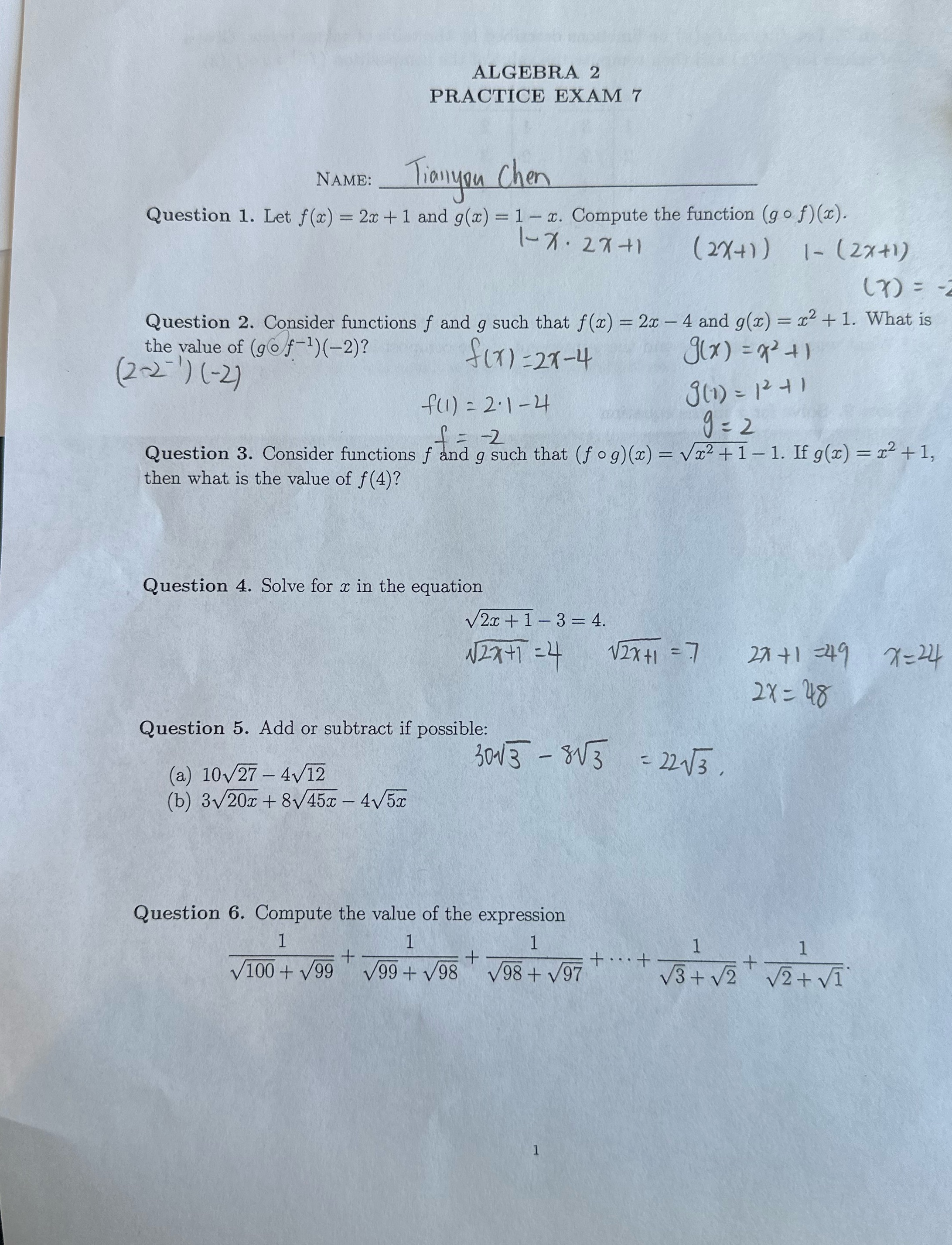ALGEBRA 2 PRACTICE EXAM 7 NAME : Tianyou Chen