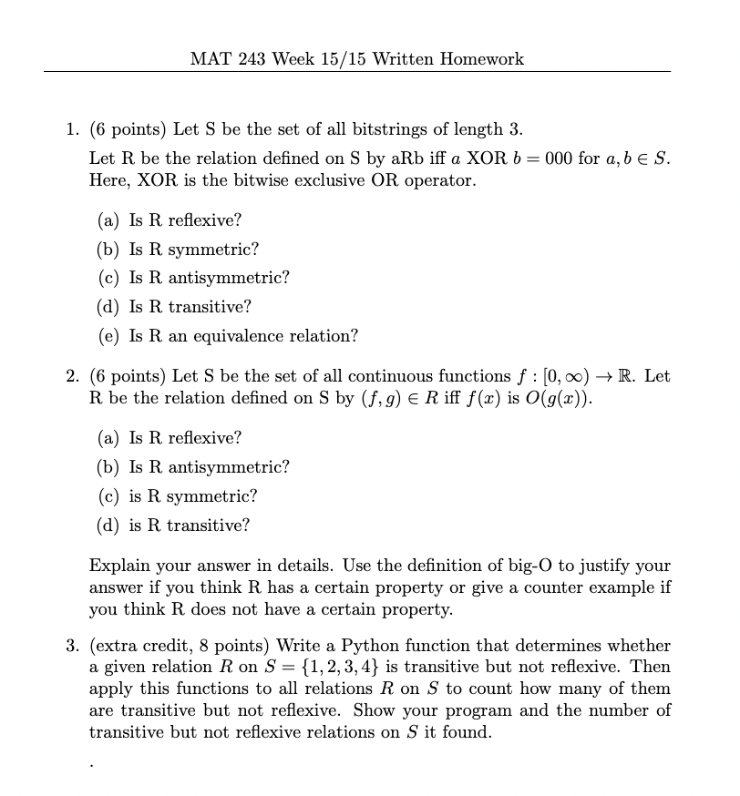 MAT 243 Week 15/15 Written Homework 1. (6 points)