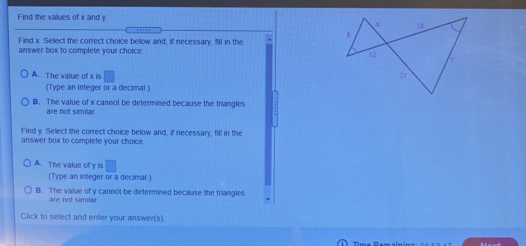 Find the values of x and y. X 18 Find x. Select