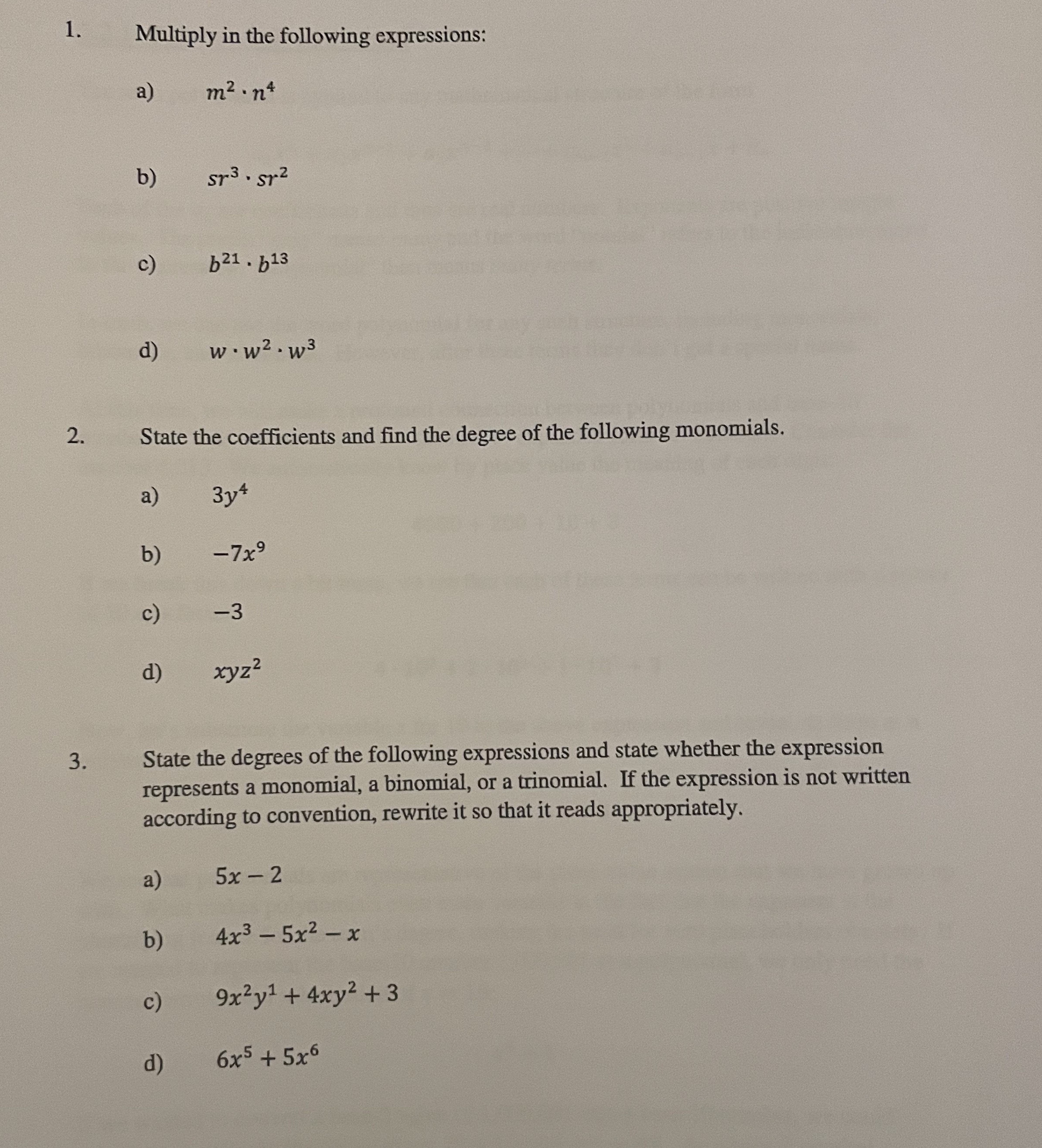 1. Multiply in the following expressions: a) m 2