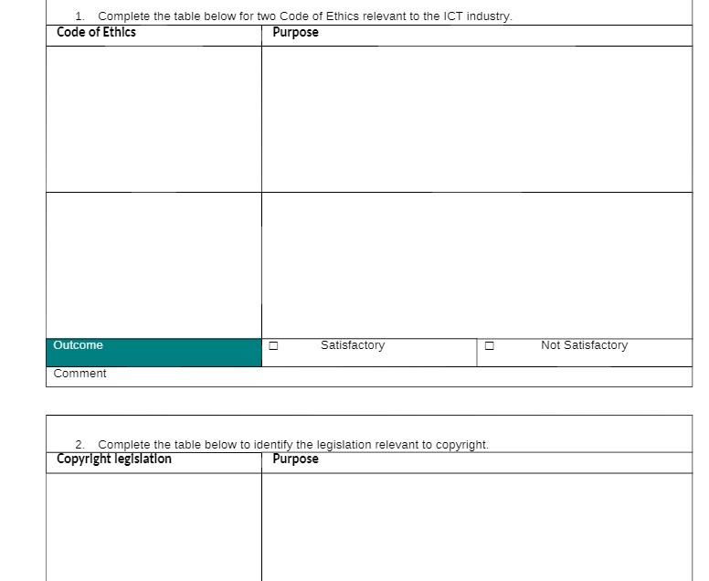 1. Complete the table below for two Code of