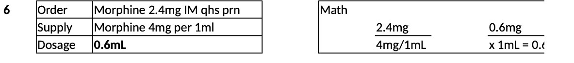 6 Order Morphine 2.4mg IM qhs prn Math Supply