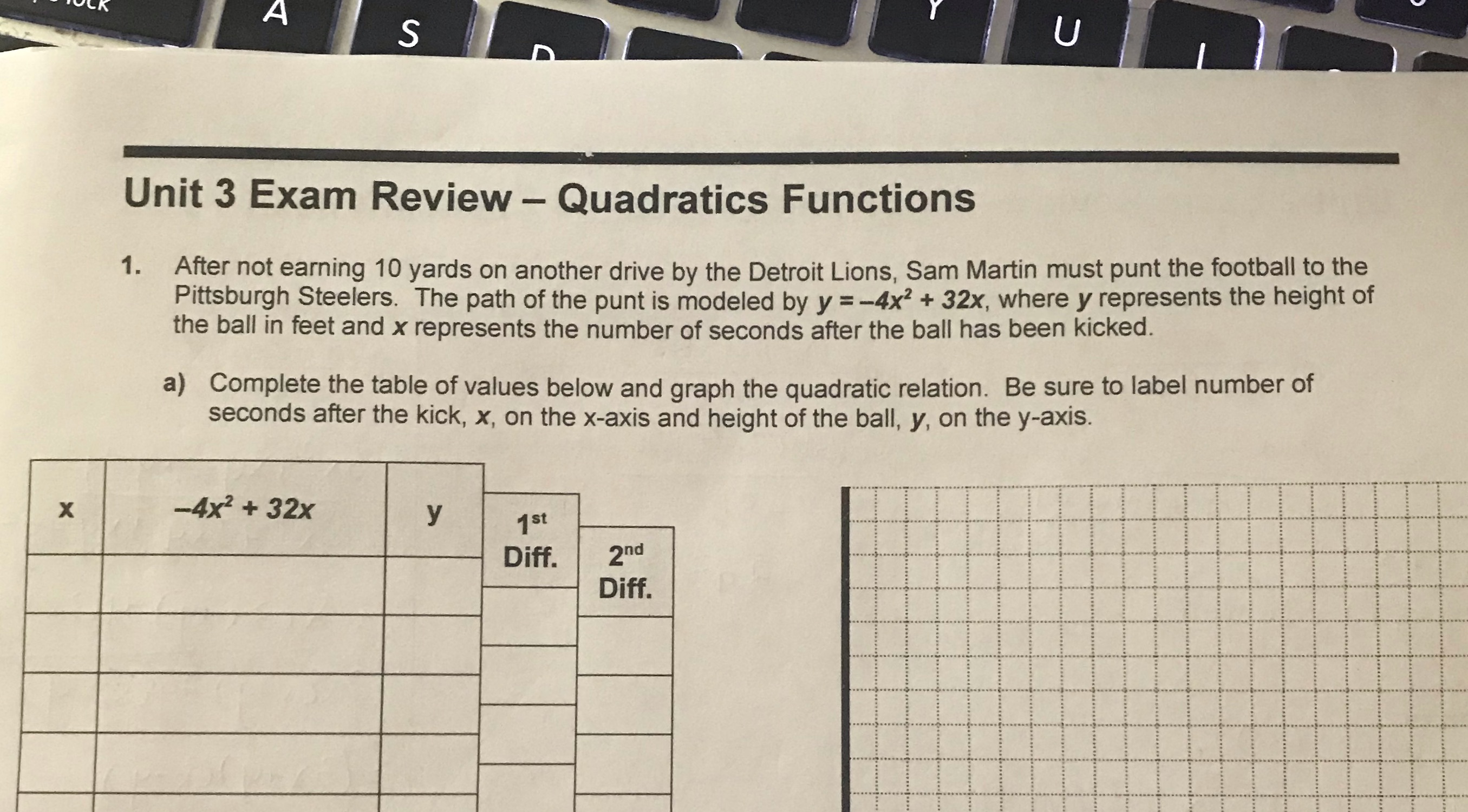 A S U Unit 3 Exam Review - Quadratics Functions