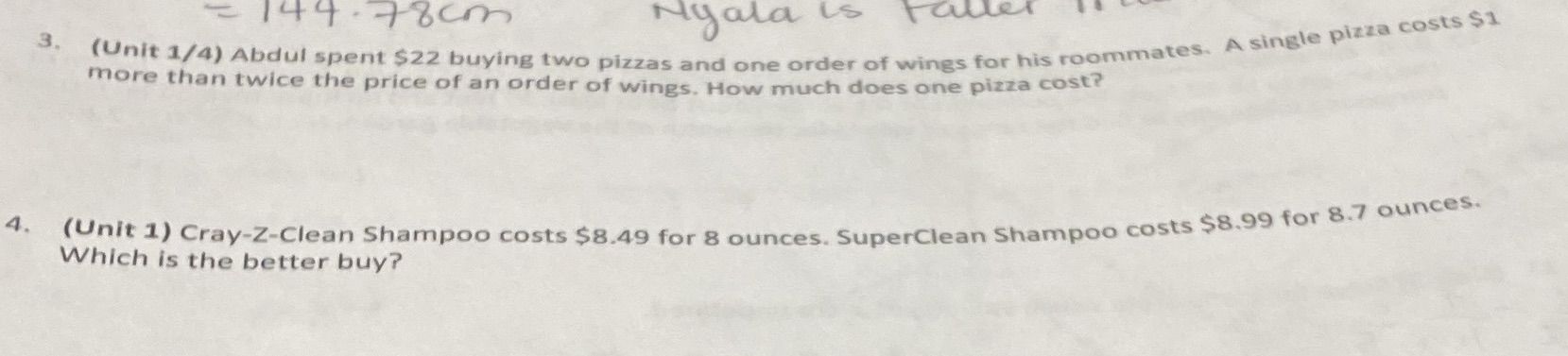 144-80m Nyala is 3. (Unit 1/4) Abdul spent $22