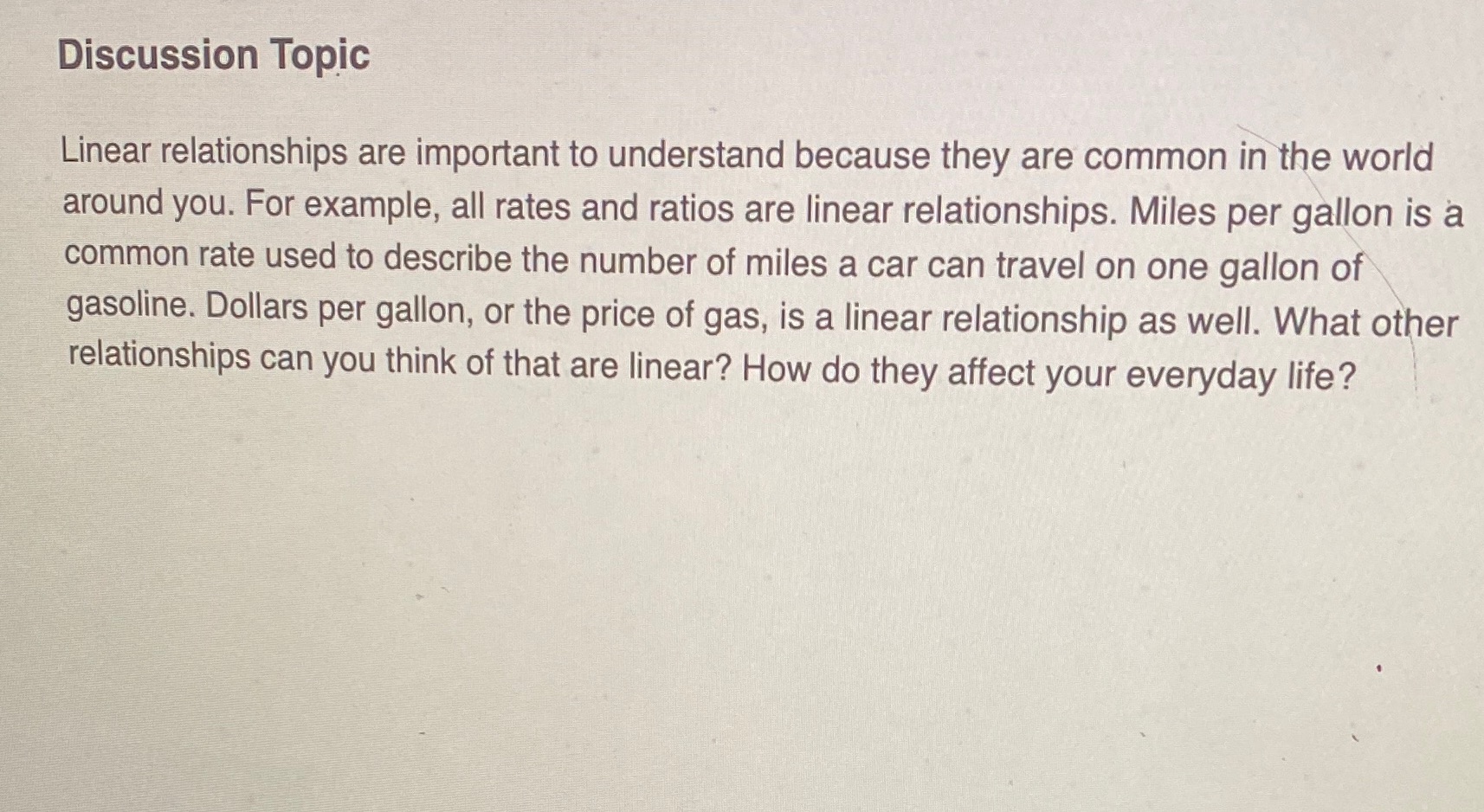 Discussion topic: Linear Relationships Discussion