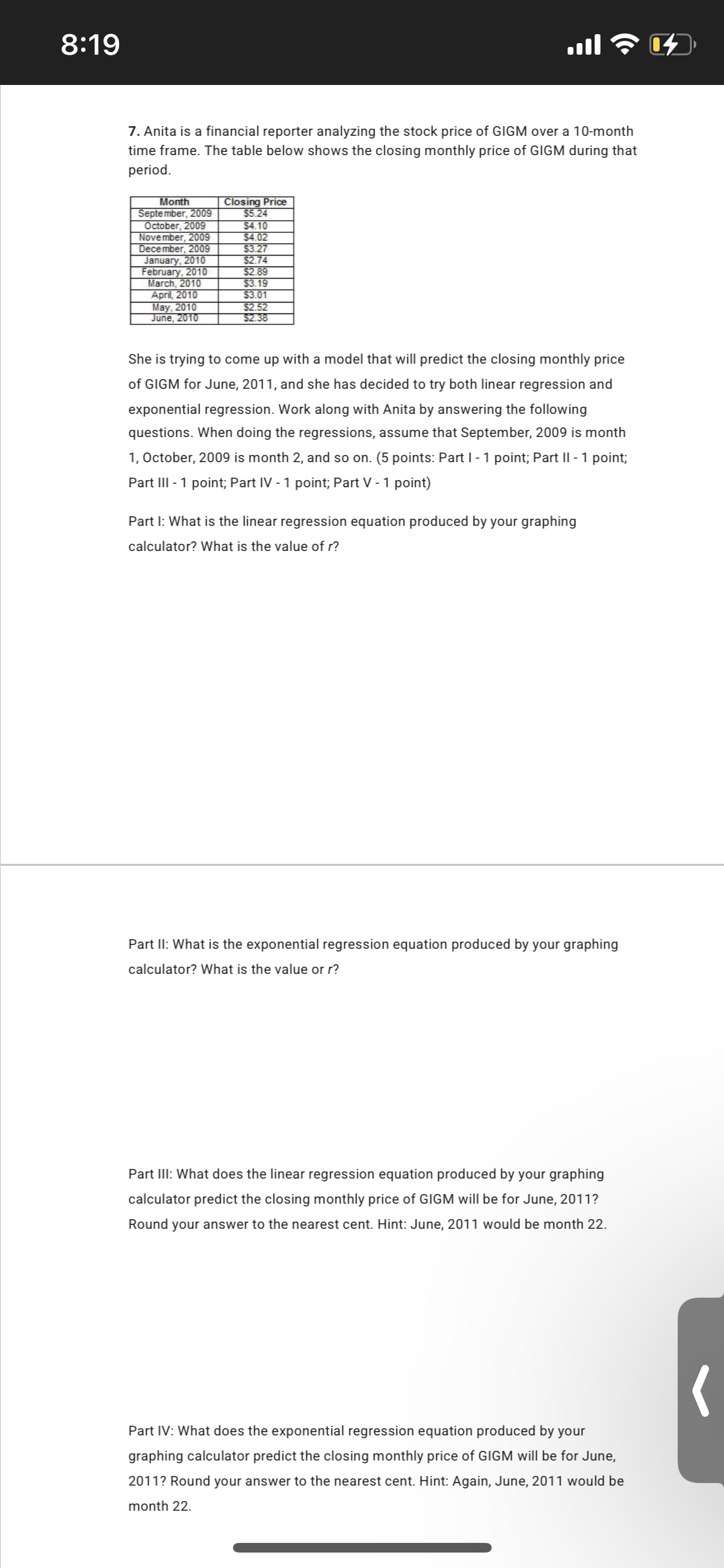 Part V: Should Anita conclude that the linear