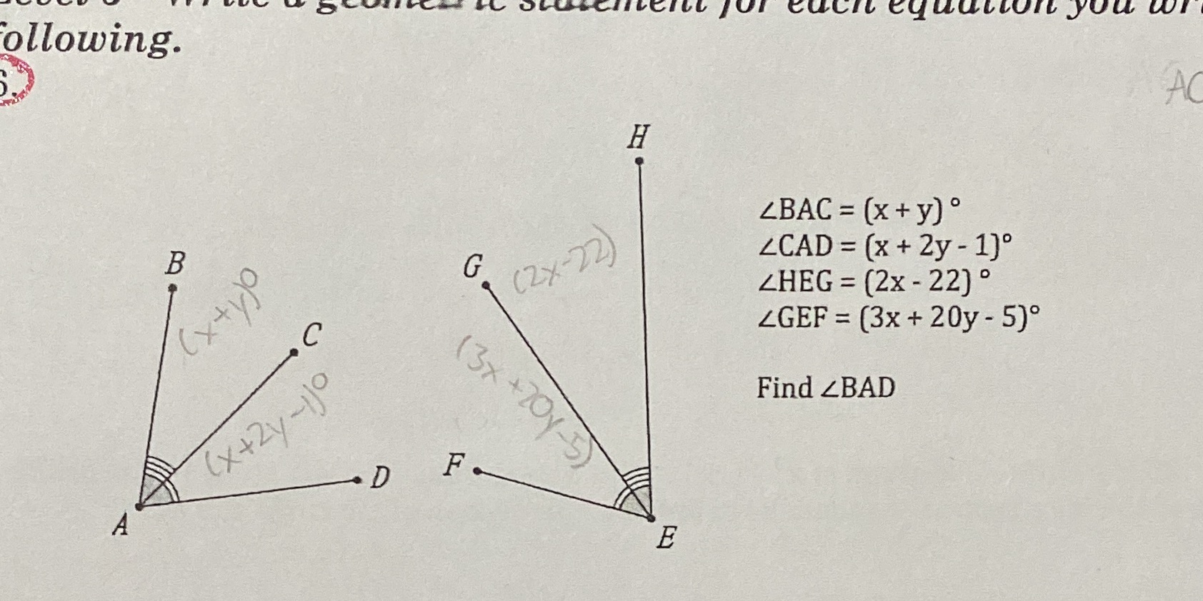 Write a geometric statement for each equation you