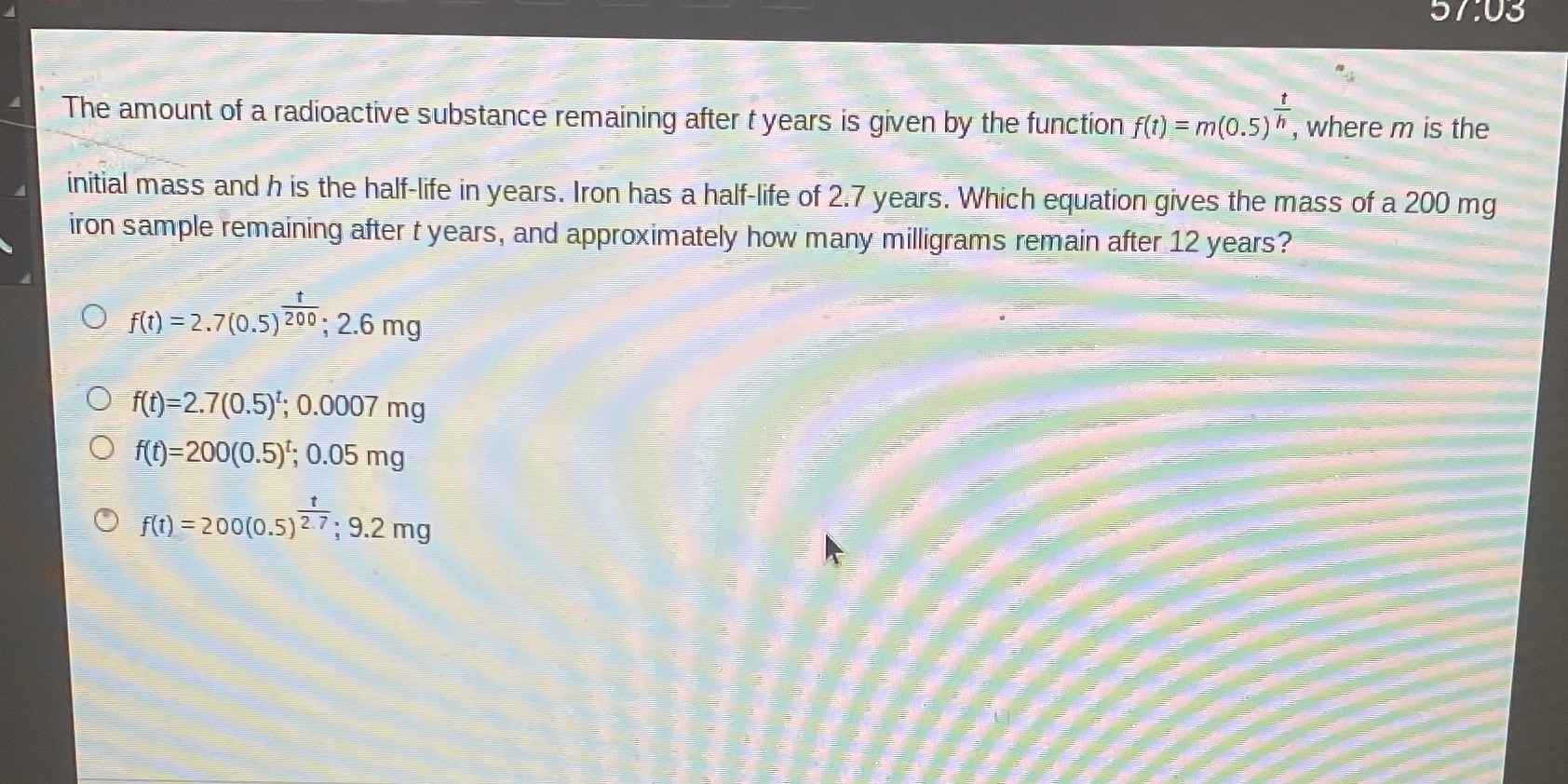 57:03 The amount of a radioactive substance