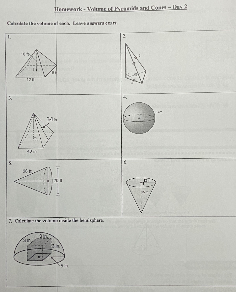 Homework - Volume of Pyramids and Cones - Day 2