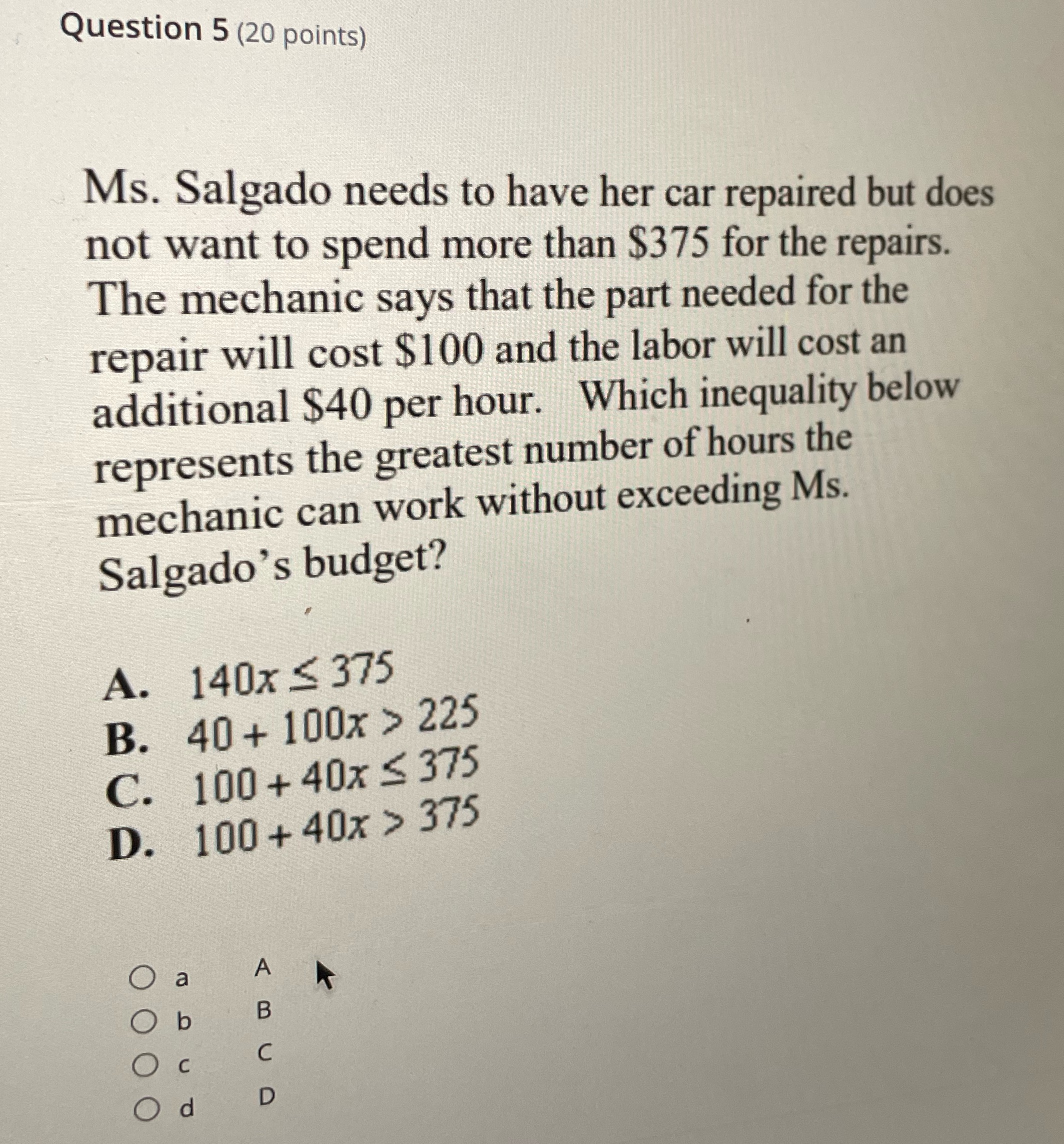 Question 5 (20 points) Ms. Salgado needs to have
