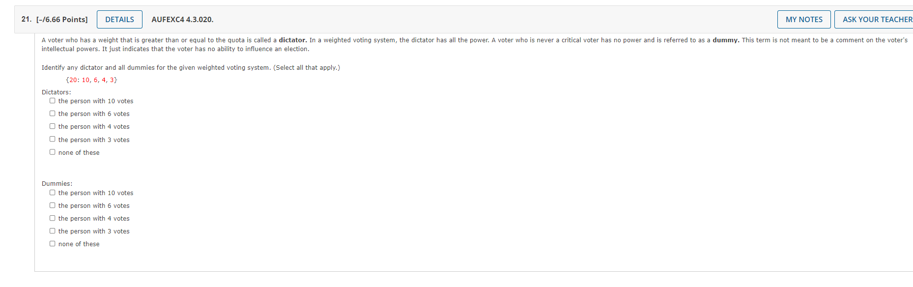 21. [-/6.66 Points] DETAILS AUFEXC4 4.3.020. MY