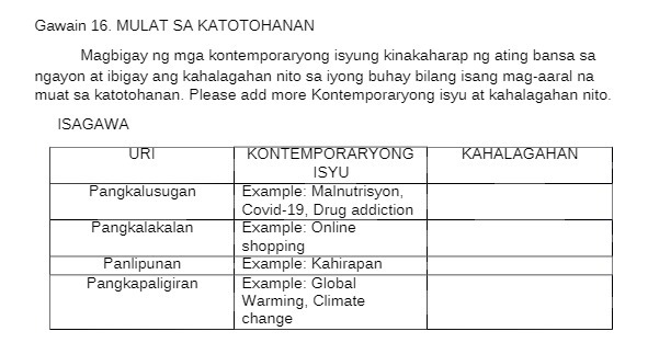 Gawain 16. MULAT SA KATOTOHANAN Magbigay ng mga