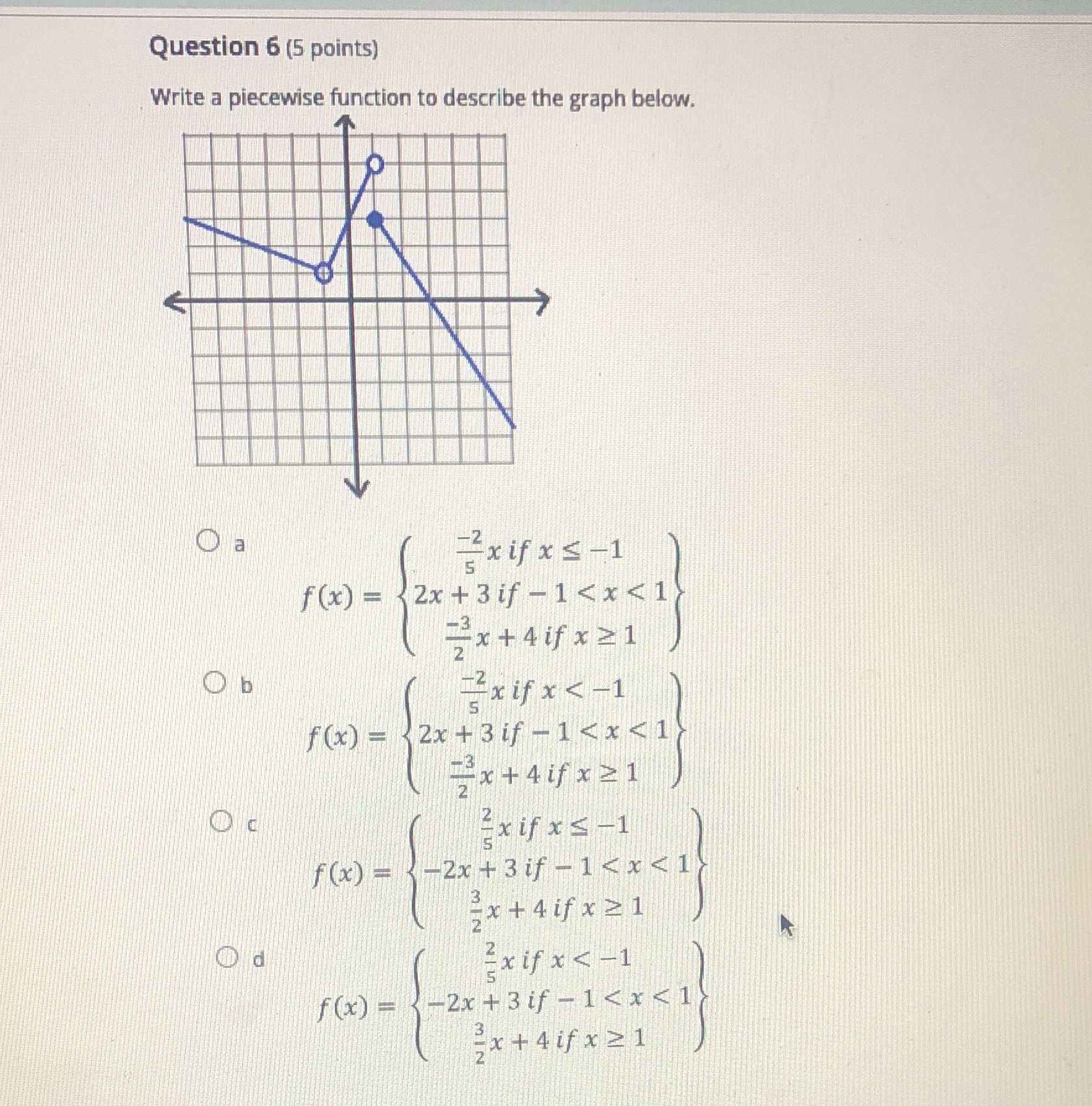 Question 6 (5 points) Write a piecewise function