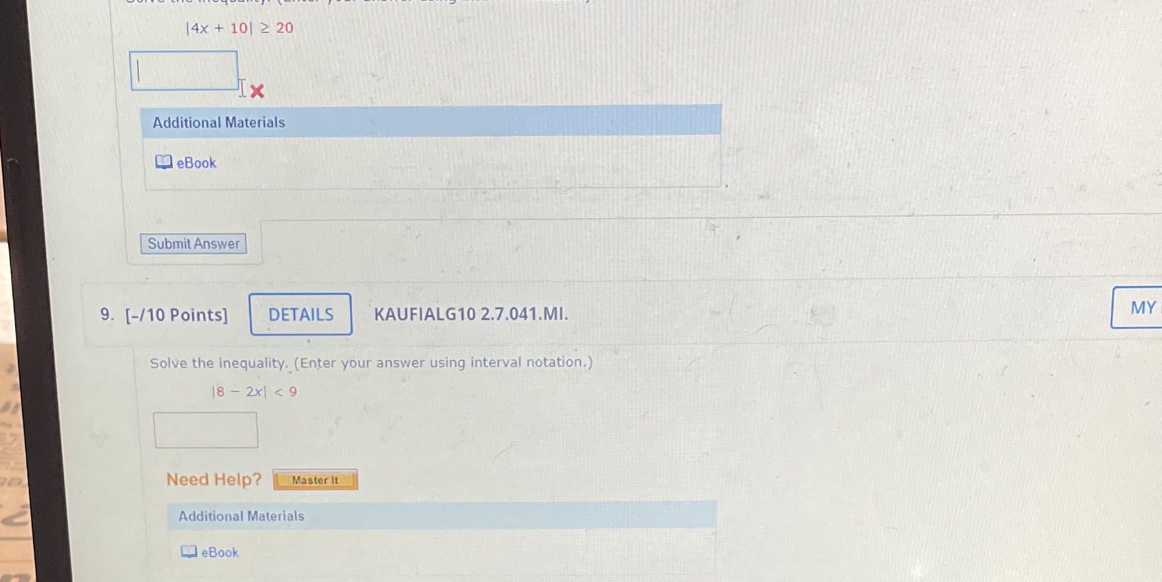 Please answer 8 and 9! See below |4x + 10| 2 20