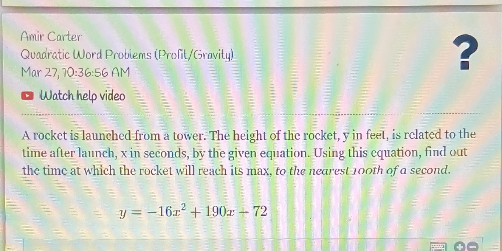 Algebra 1 Amir Carter Quadratic Word Problems