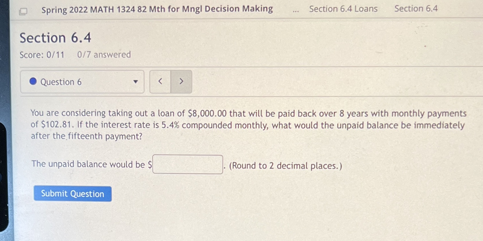 Spring 2022 MATH 1324 82 Mth for Mngl Decision