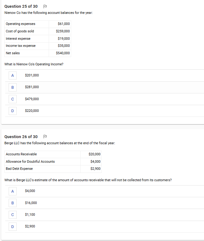 Question 25 of 30 F Nienow Co has the following