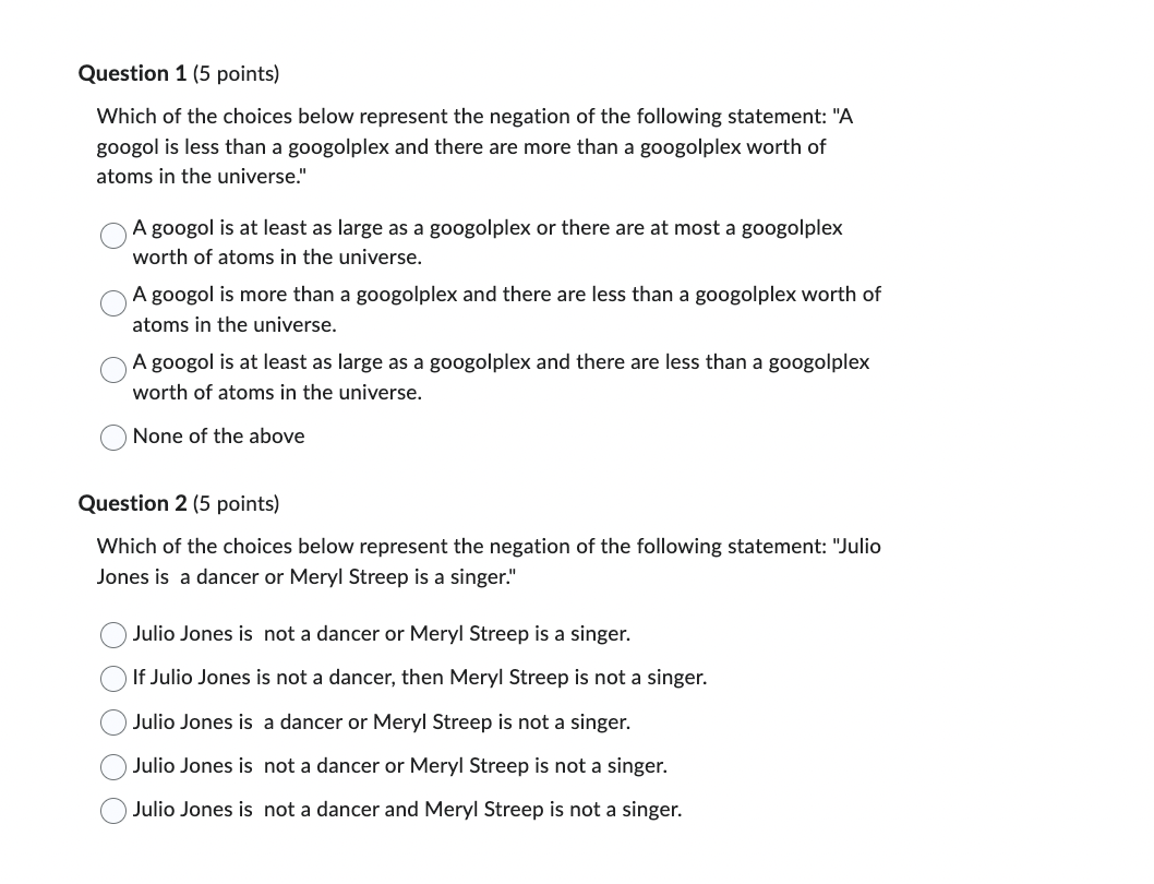 Question 1 (5 points) Which of the choices below