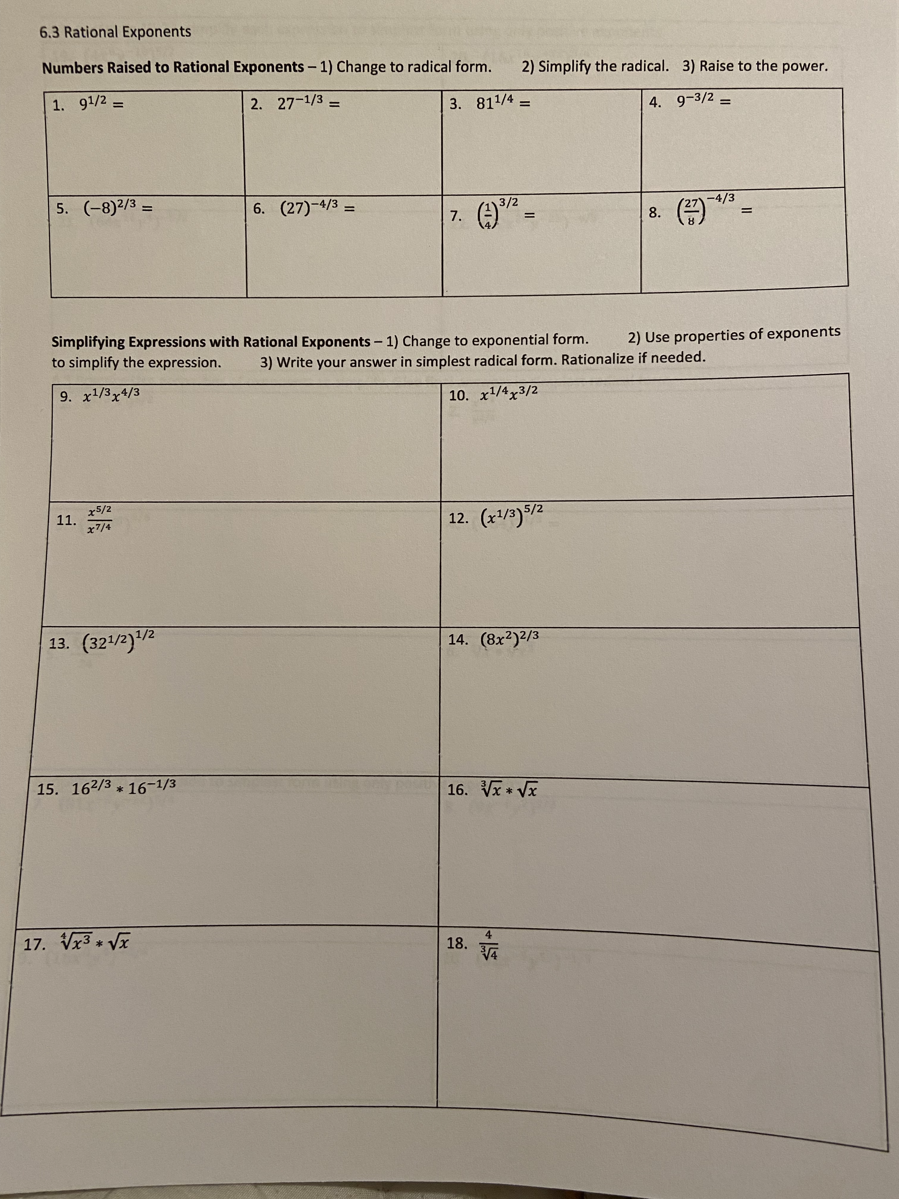 6.3 Rational Exponents Numbers Raised to Rational