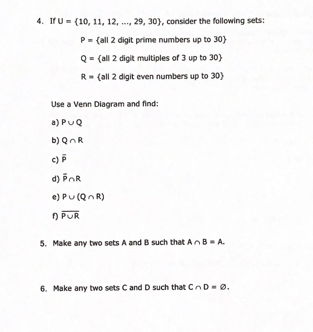 4. If U = {10, 11, 12, ..., 29, 30}, consider the