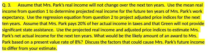 Q. 3. Assume that Mrs. Park's real income