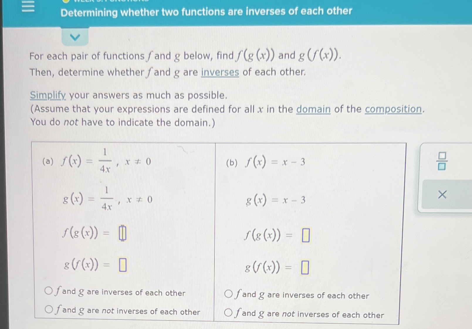 Determining whether two functions are inverses of