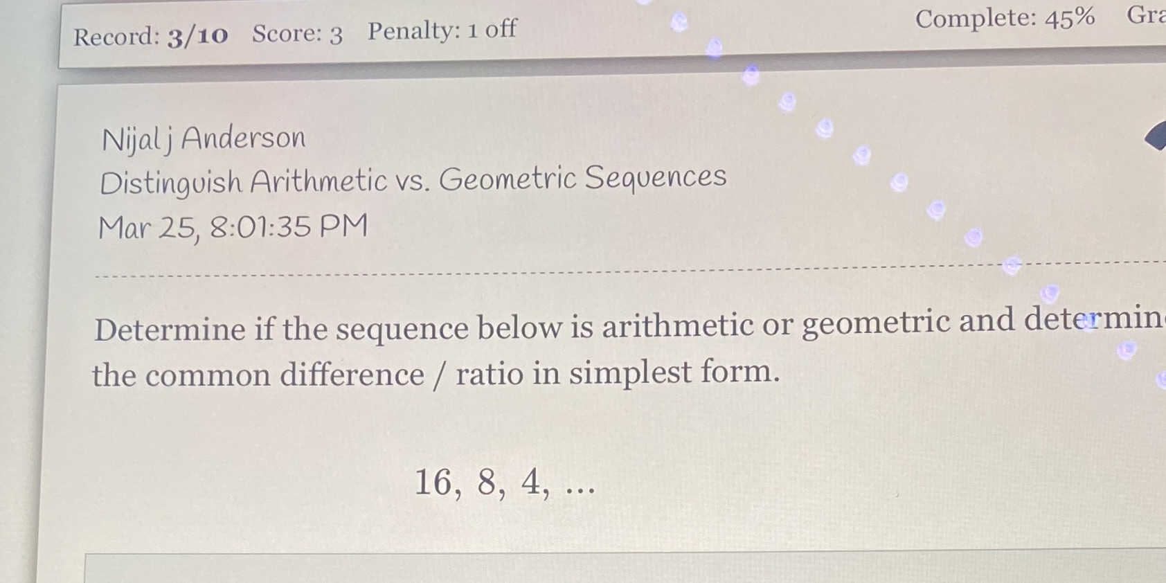 Record: 3/10 Score: 3 Penalty: 1 off Complete: